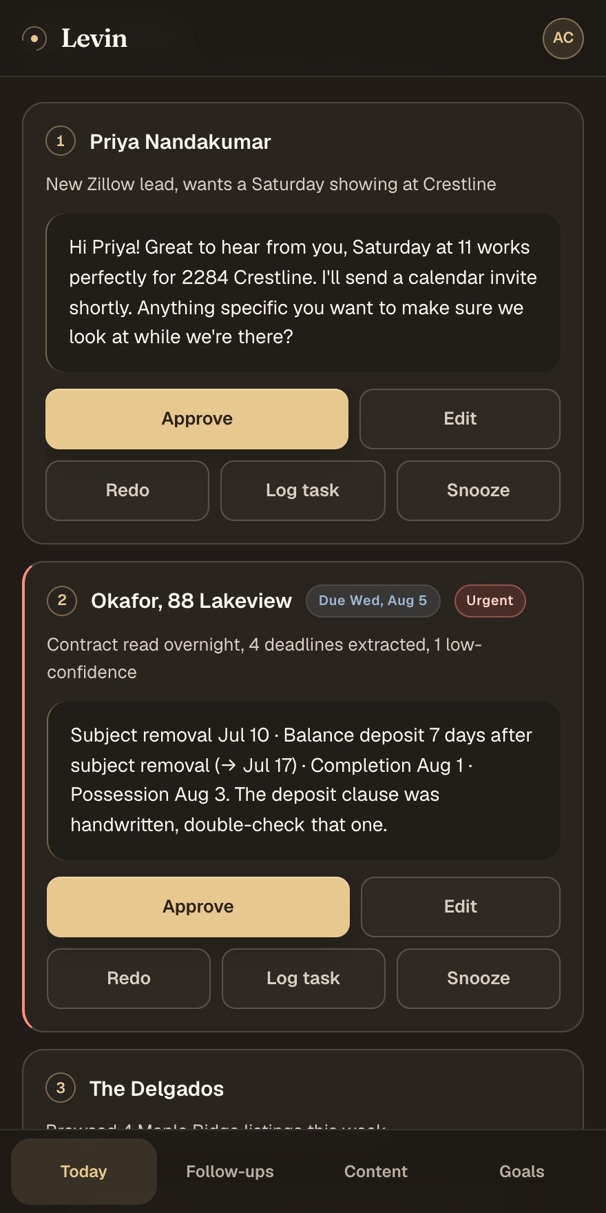 The Levin approval queue on a phone: a drafted lead reply with the Approve button, and an urgent contract-deadline card behind it